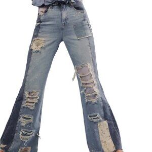 Free People Love Story High Waist Rip & Repair Patchwork Flare Jeans (Aphrodite)